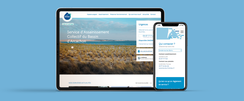 Site internet d'Eloa, service d'assainiseement du bassin d'Arcachon, réalisée par l'agence de communication DIGEEK