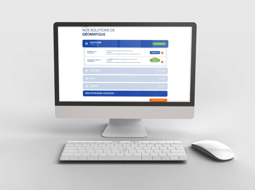 Interface de la boutique en ligne Techniproj — vente de licences géomatiques et bibliothèques AutoCAD développée par Digeek.