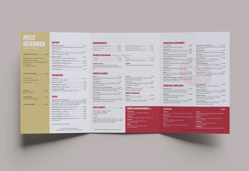Mise en page d'un menu pour un restaurant toulousain, place du Capitole