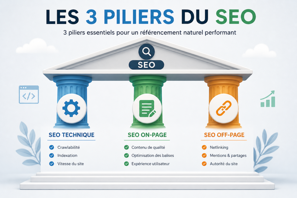 Les trois piliers du SEO : SEO technique (crawling, indexation, vitesse), SEO on-page (contenu, balises, expérience utilisateur) et SEO off-page (netlinking, autorité, partages), soutenant la performance du référencement naturel.